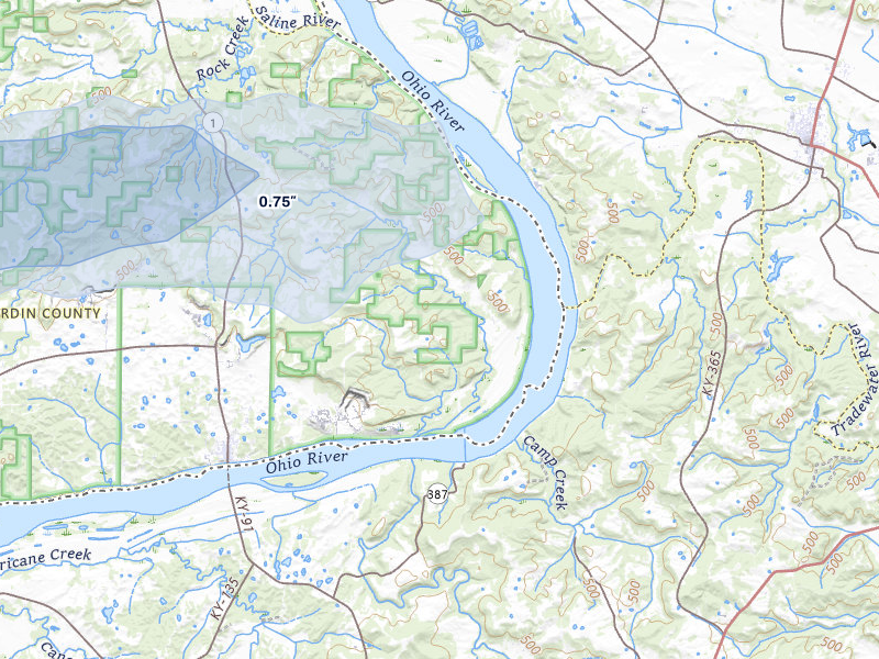 NEXRAD radar-signature map of the hail storm over Cave In Rock, IL on Aug 16, 2026