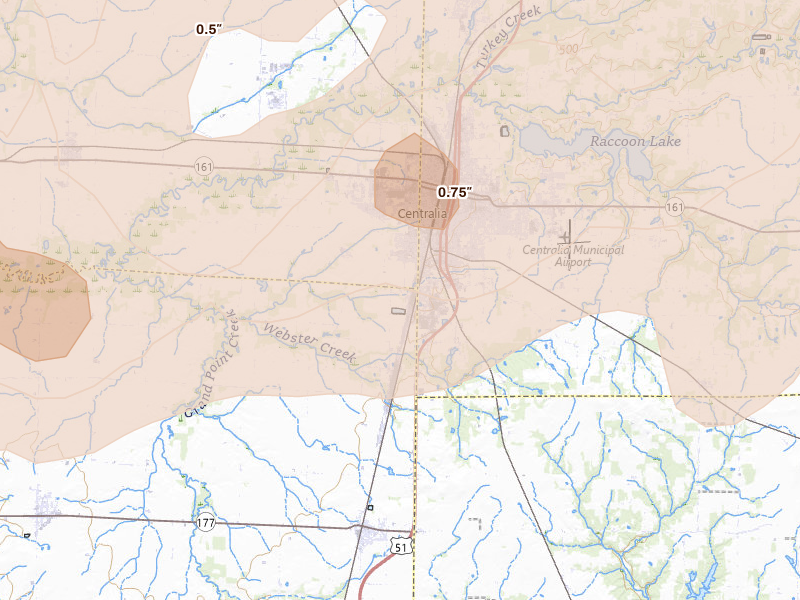 Radar-estimated hail-size map of the storm over Centralia, IL on Apr 27, 2026