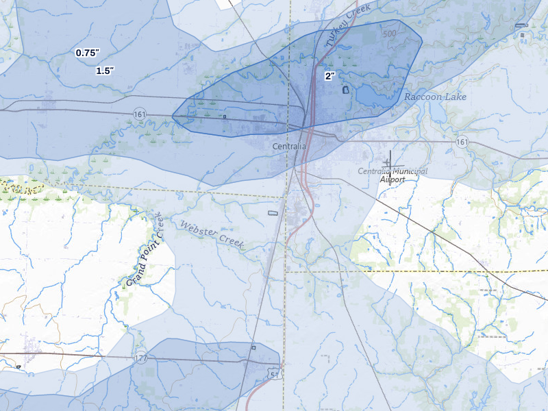 NEXRAD radar-signature map of the hail over Centralia, IL