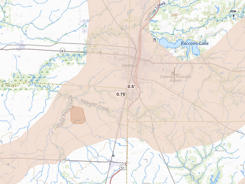 Radar-estimated hail-size map of the storm over Centralia, IL on May 16, 2026
