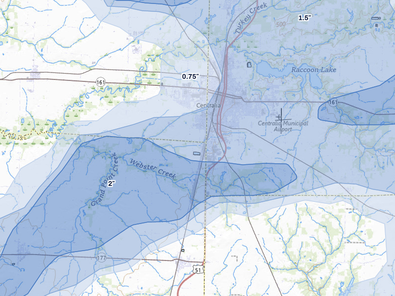 NEXRAD radar-signature map of the hail storm over Centralia, IL on May 16, 2026