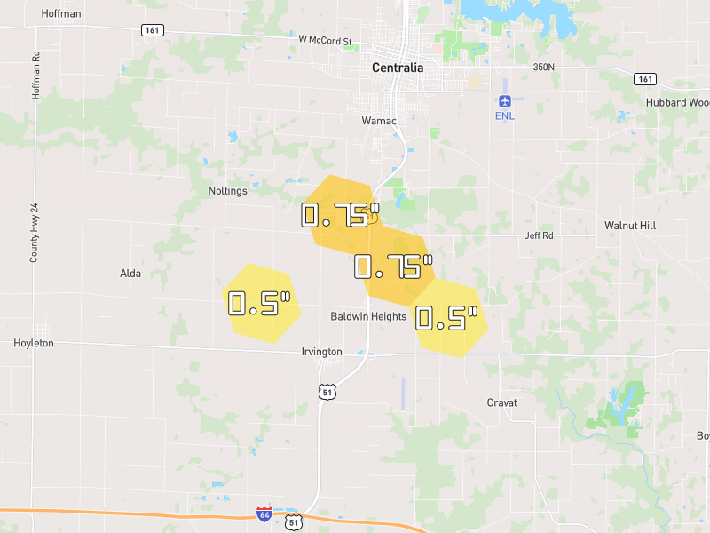 Hail map of Centralia, IL on Jul 8, 2026, hail up to 0.75"