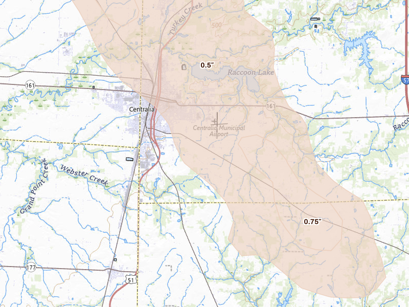 Radar-estimated hail-size map of the storm over Centralia, IL on Aug 21, 2026