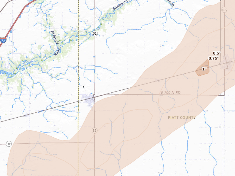 Radar-estimated hail-size map of the storm over Cerro Gordo, IL on Apr 27, 2026