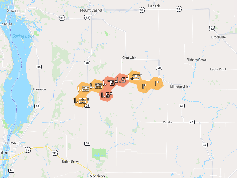 Hail map of Chadwick, IL on Jul 3, 2026, hail up to 1.75"