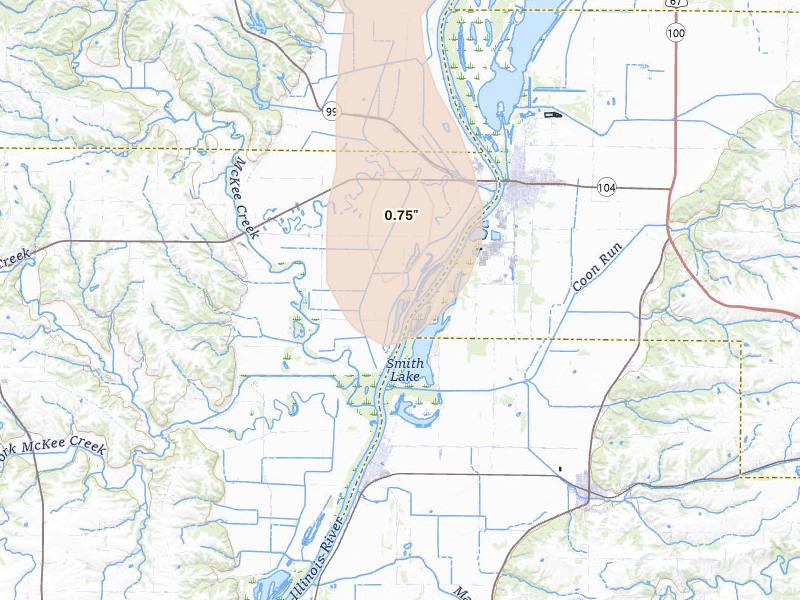 Radar-estimated hail-size map of the storm over Chambersburg, IL on Jul 20, 2026