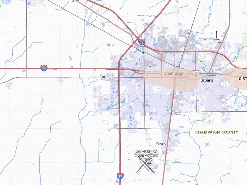 Radar-estimated hail-size map of the storm over Champaign, IL on Mar 26, 2026
