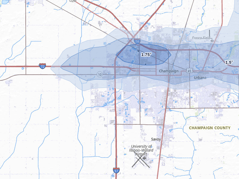 NEXRAD radar-signature map of the hail storm over Champaign, IL on Mar 26, 2026