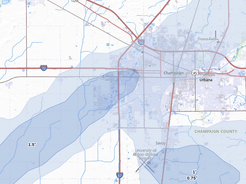 NEXRAD radar-signature map of the hail storm over Champaign, IL on Apr 27, 2026
