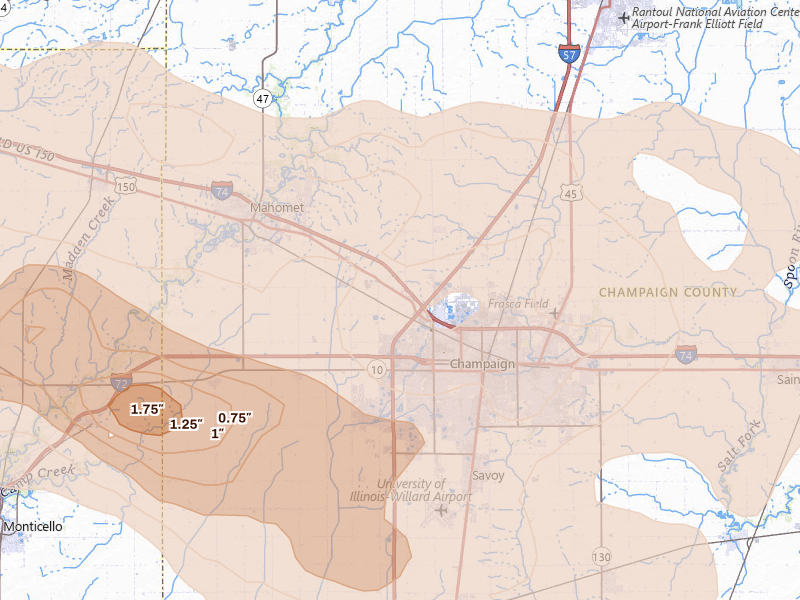 Radar-estimated hail-size map of the storm over Champaign, IL on Aug 11, 2026