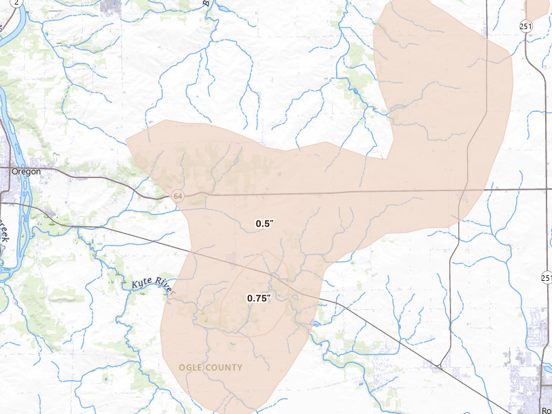 Radar-estimated hail-size map of the storm over Chana, IL on Apr 17, 2026