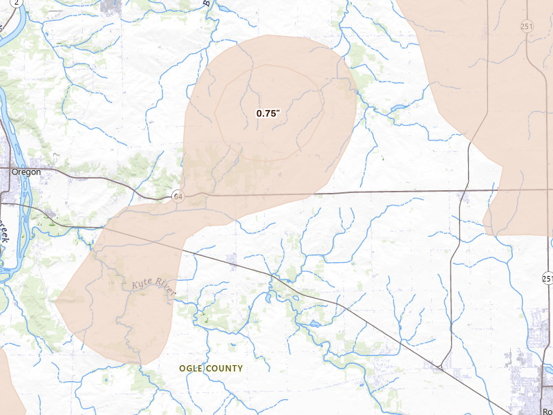Radar-estimated hail-size map of the storm over Chana, IL on Jun 11, 2026