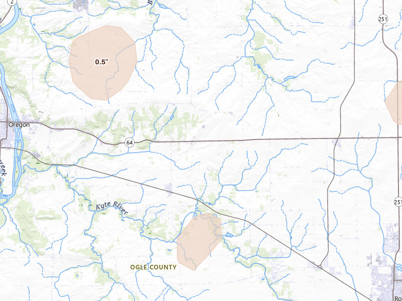 Radar-estimated hail-size map of the storm over Chana, IL on Jul 3, 2026