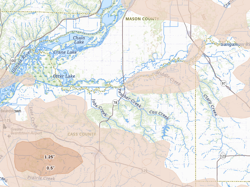 Radar-estimated hail-size map of the storm over Chandlerville, IL on May 4, 2026