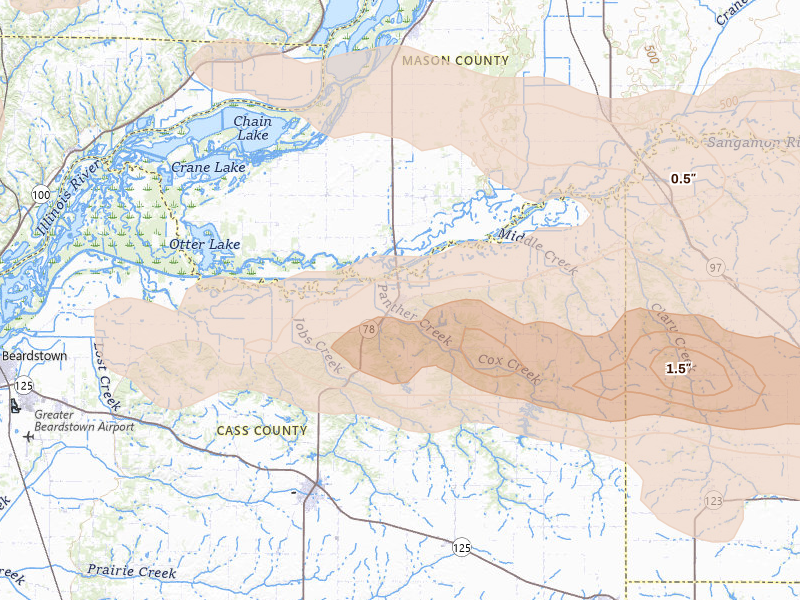 Radar-estimated hail-size map of the storm over Chandlerville, IL on Jun 17, 2026