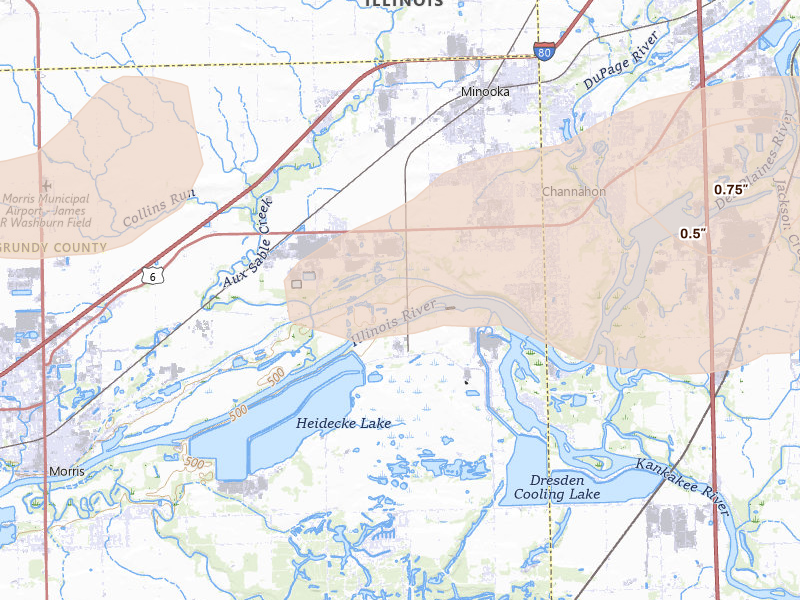 Radar-estimated hail-size map of the storm over Channahon, IL on May 4, 2026