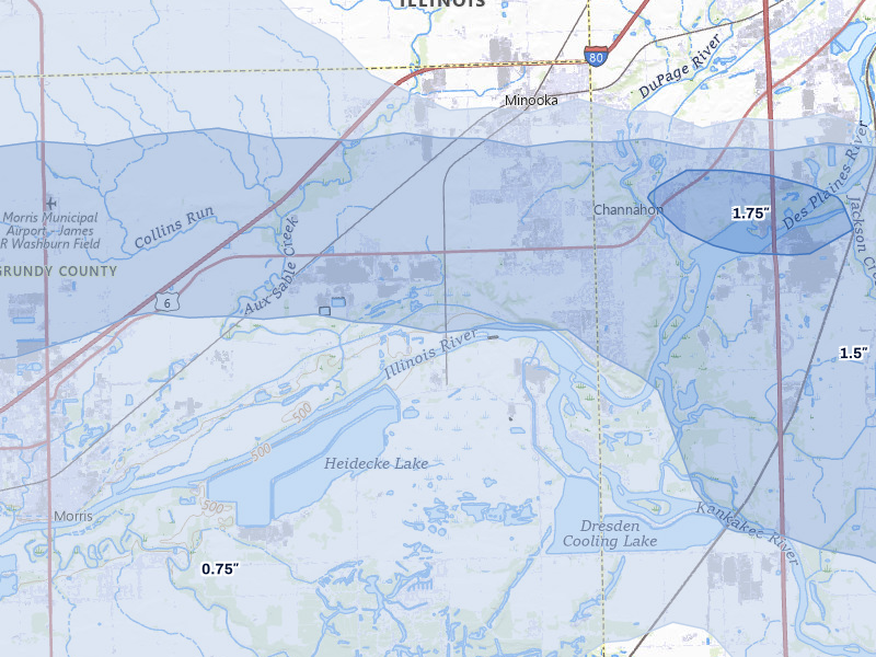 NEXRAD radar-signature map of the hail storm over Channahon, IL on May 4, 2026