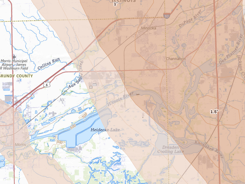 Radar-estimated hail-size map of the storm over Channahon, IL on Jul 27, 2026