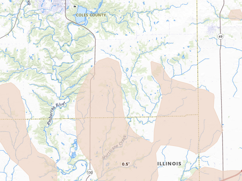 Radar-estimated hail-size map of the storm over Charleston, IL on Apr 27, 2026