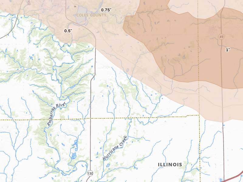 Radar-estimated hail-size map of the storm over Charleston, IL on Jun 17, 2026