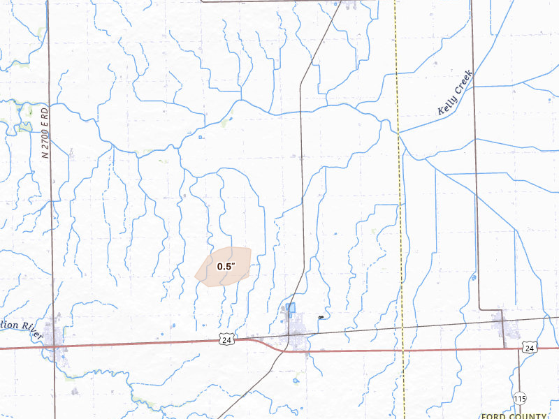 Radar-estimated hail-size map of the storm over Chatsworth, IL on Apr 13, 2026