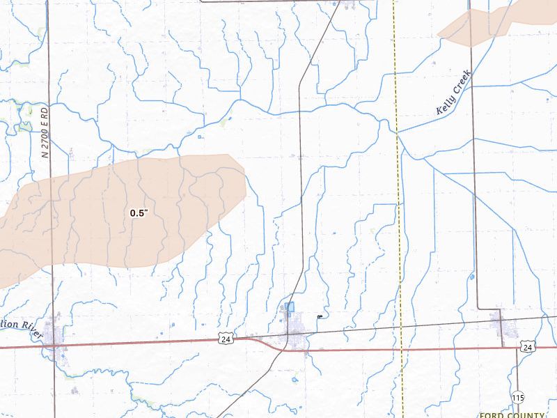 Radar-estimated hail-size map of the storm over Chatsworth, IL on Jun 5, 2026