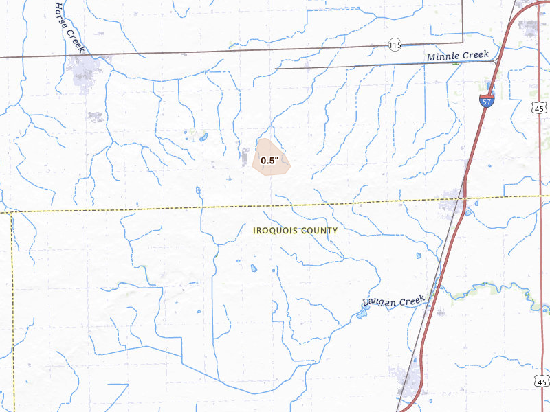 Radar-estimated hail-size map of the storm over Chebanse, IL on Jun 11, 2026