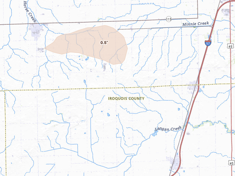 Radar-estimated hail-size map of the storm over Chebanse, IL on Jul 9, 2026