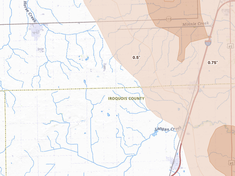 Radar-estimated hail-size map of the storm over Chebanse, IL on Jul 27, 2026