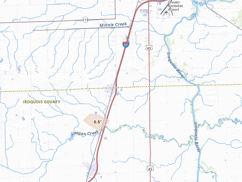Radar-estimated hail-size map of the storm over Chebanse, IL on Aug 12, 2026