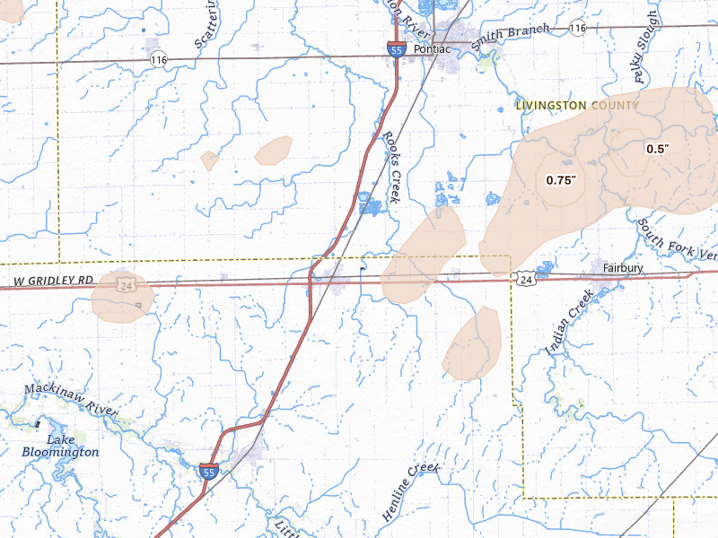 Radar-estimated hail-size map of the storm over Chenoa, IL on May 4, 2026