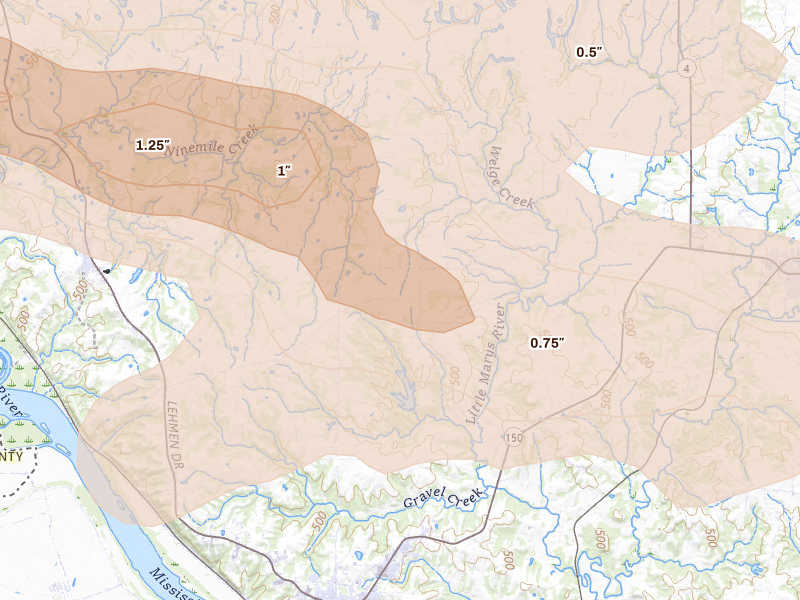 Radar-estimated hail-size map of the storm over Chester, IL on Jul 10, 2026