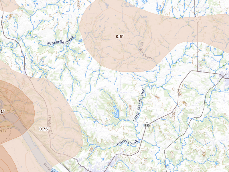 Radar-estimated hail-size map of the storm over Chester, IL on Aug 12, 2026