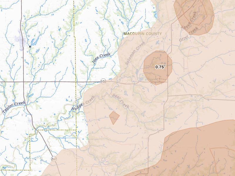 Radar-estimated hail-size map of the storm over Chesterfield, IL on Apr 27, 2026