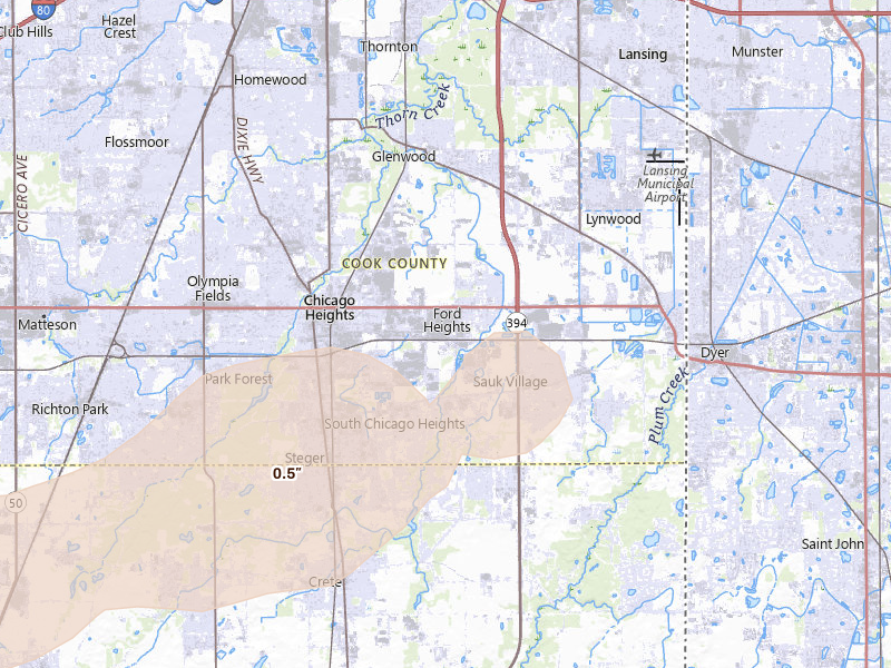 Radar-estimated hail-size map of the storm over Chicago Heights, IL on Mar 31, 2026