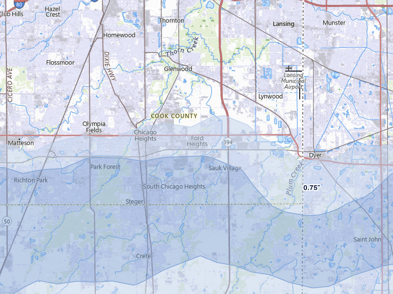 NEXRAD radar-signature map of the hail over Chicago Heights, IL