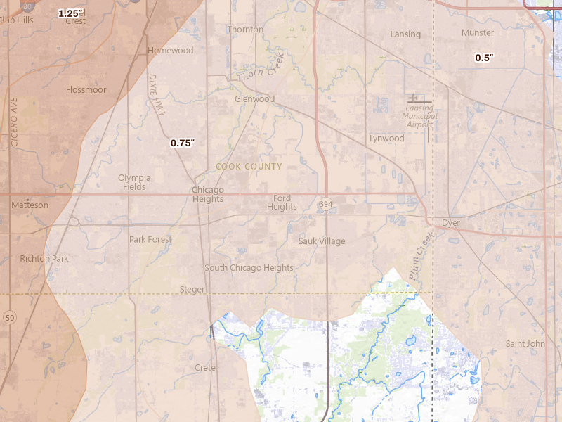 Radar-estimated hail-size map of the storm over Chicago Heights, IL on Jul 27, 2026