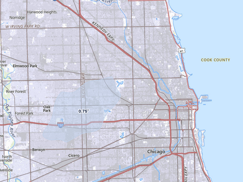 NEXRAD radar-signature map of the hail over Chicago, IL