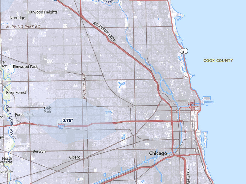 NEXRAD radar-signature map of the hail over Chicago, IL