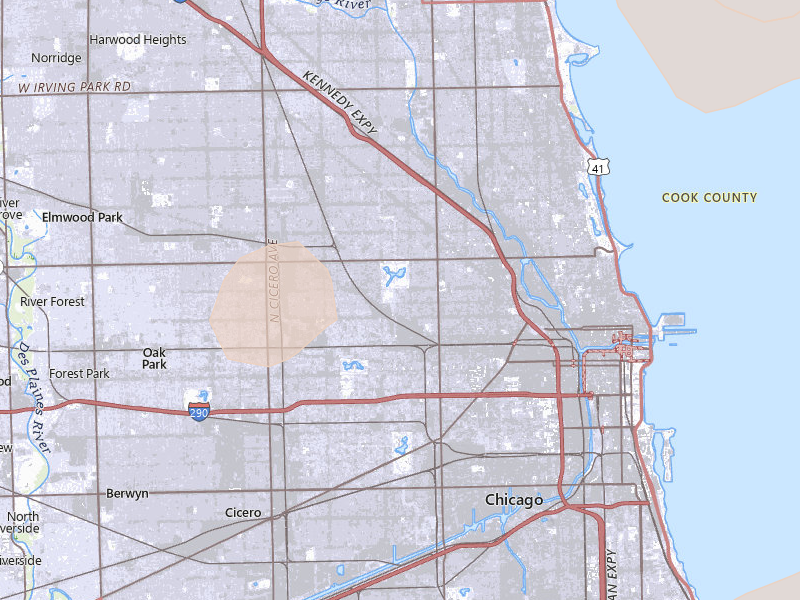 Radar-estimated hail-size map of the storm over Chicago, IL on Jul 3, 2026
