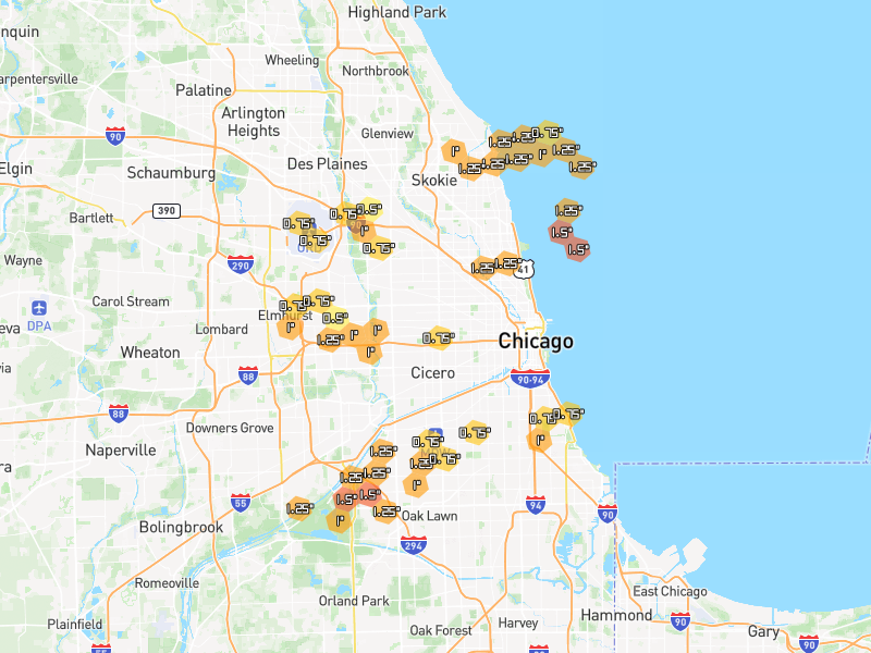 Hail map of Chicago, IL on Jul 3, 2026, hail up to 1.5"