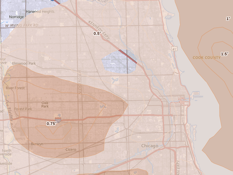 Radar-estimated hail-size map of the storm over Chicago, IL on Jul 27, 2026