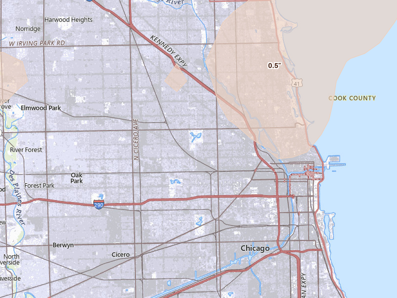 Radar-estimated hail-size map of the storm over Chicago, IL on Aug 9, 2026