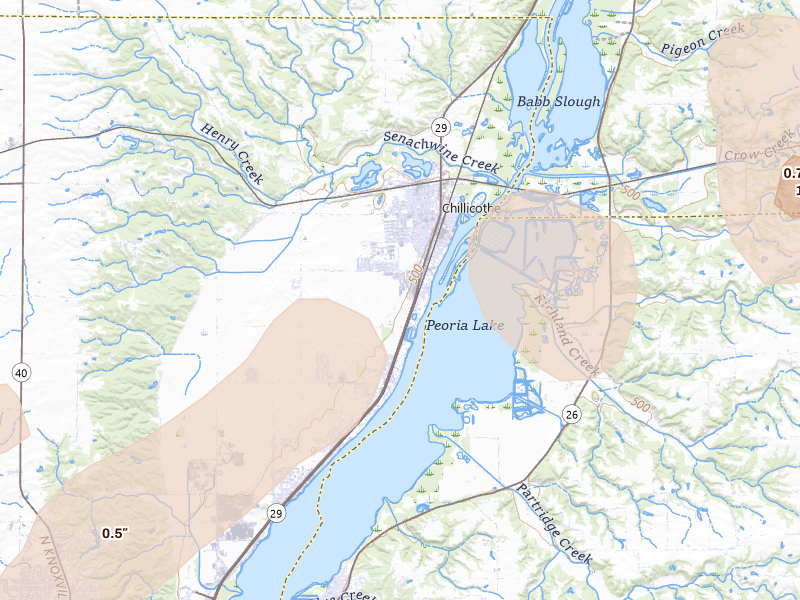Radar-estimated hail-size map of the storm over Chillicothe, IL on Apr 2, 2026