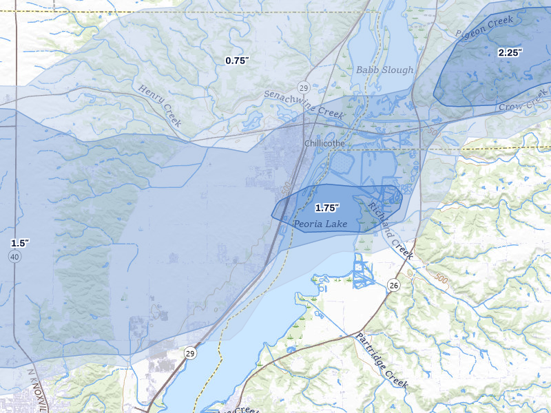 NEXRAD radar-signature map of the hail storm over Chillicothe, IL on Apr 2, 2026