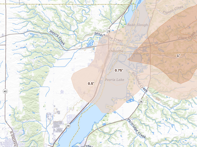 Radar-estimated hail-size map of the storm over Chillicothe, IL on Jun 11, 2026