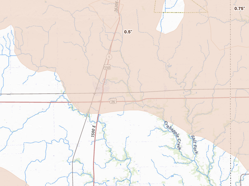 Radar-estimated hail-size map of the storm over Chrisman, IL on Aug 11, 2026