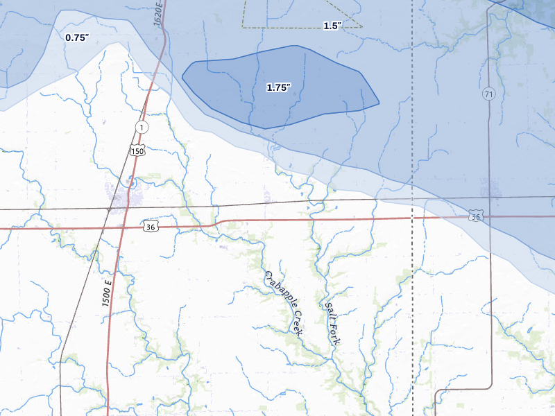 NEXRAD radar-signature map of the hail storm over Chrisman, IL on Aug 11, 2026