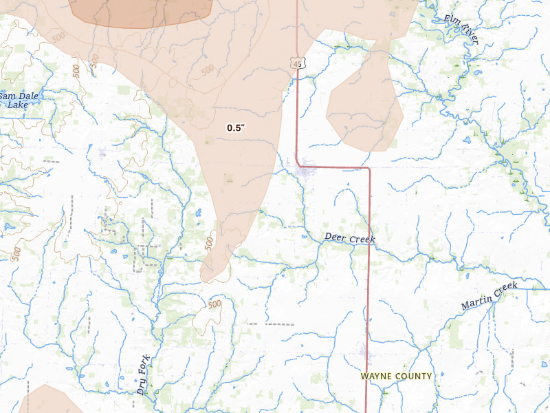 Radar-estimated hail-size map of the storm over Cisne, IL on Jul 3, 2026