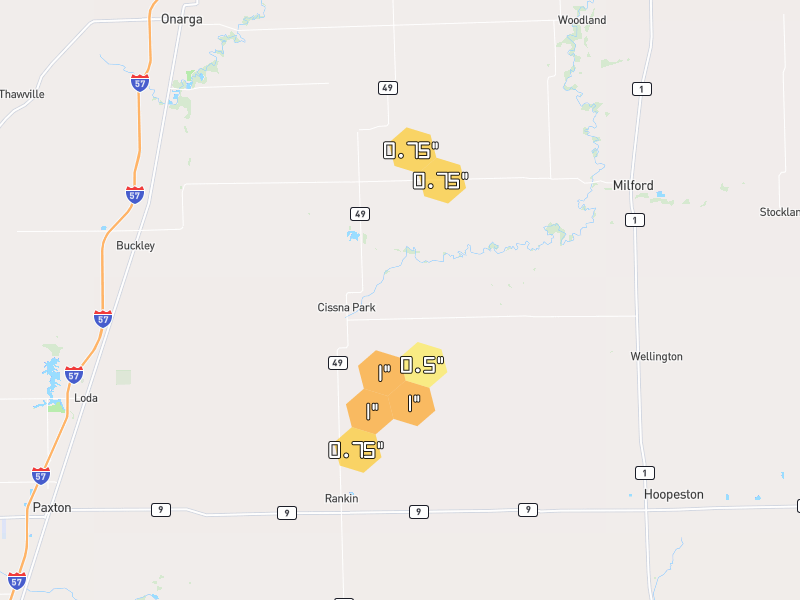 Hail map of Cissna Park, IL on Jul 2, 2026, hail up to 1"